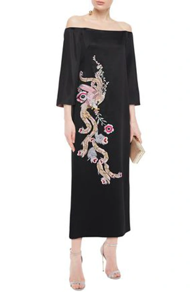Temperley London Off-the-shoulder Embroidered Satin Maxi Dress In Black