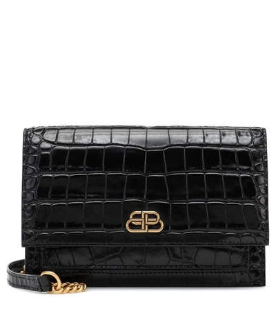 Balenciaga Sharp Xs Crocodile-embossed Leather Clutch In Black
