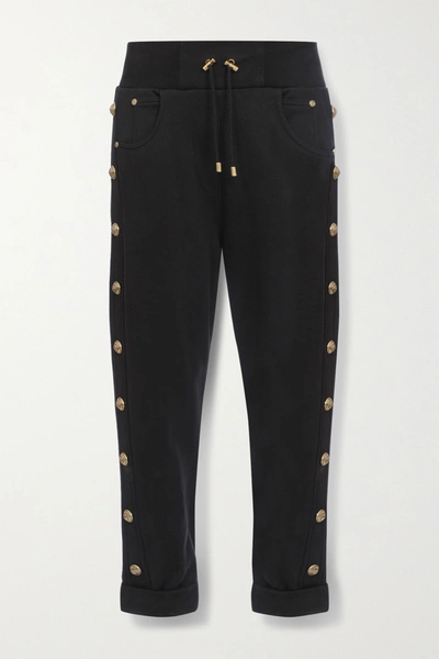 Balmain Button-embellished Cotton-jersey Track Pants In Black