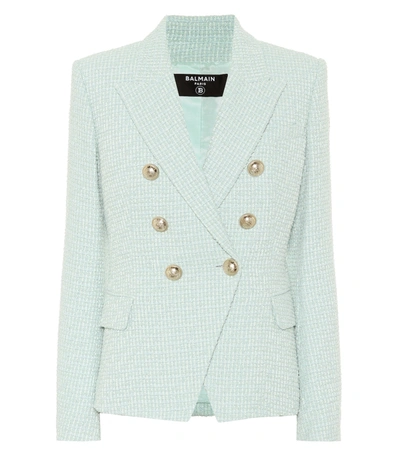 Balmain Double-breasted Button-embellished Tweed Blazer In Sky Blue