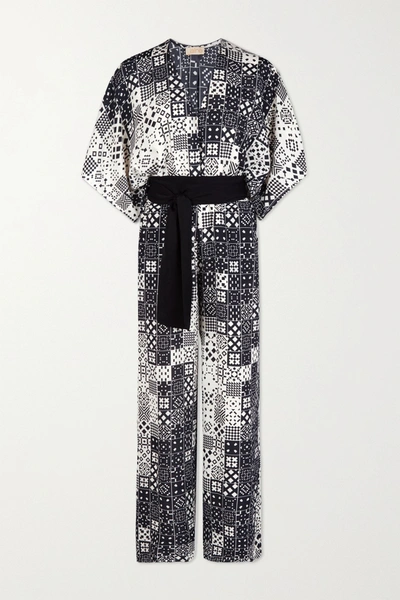 Jaline + Net Sustain Natasha Belted Printed Voile Jumpsuit In Black