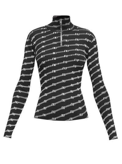 Balenciaga Logo-patterned Quarter-zip Ribbed-knit Top In Black & White