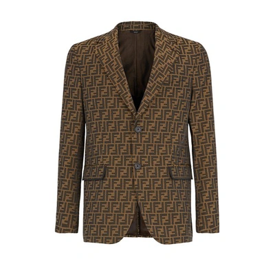 FENDI 365 テーラードジャケット 42 ブラウン Jacket Fendi Men Blazer Fendi Mens Tobacco Logo-print Woven Blazer