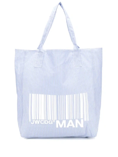 Junya Watanabe Logo And Bar Code Striped Cotton Tote Bag In Sax Wht X White