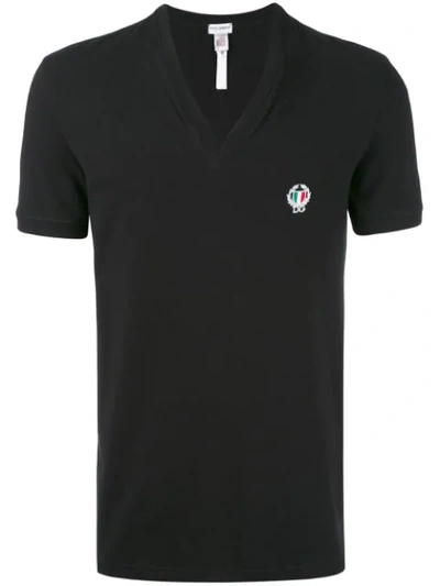 Dolce & Gabbana Embroidered Logo V Neck T-shirt In Black