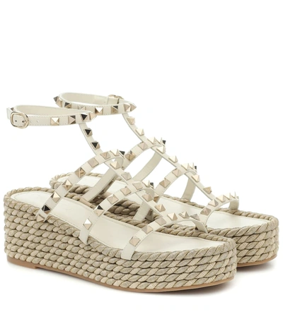 Valentino Garavani Rockstud Torchon Espadrille Platform Sandal In Light Ivory Platino