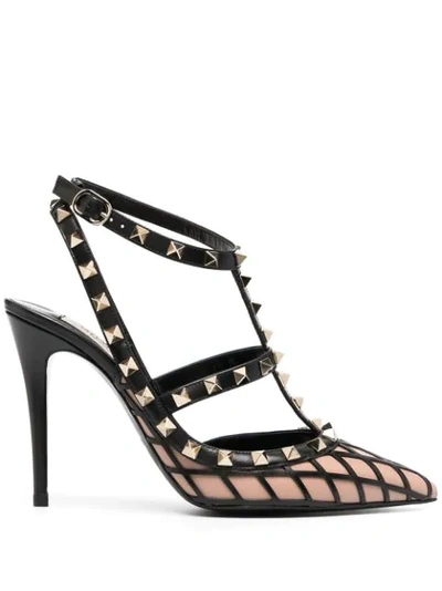 Valentino Garavani Rockstud Grid Leather Ankle-strap Pumps In Rose Cannelle/black