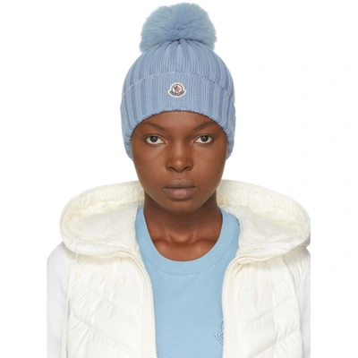 Moncler Wool Knit Hat W/ Fur Pompom In 714 Blue