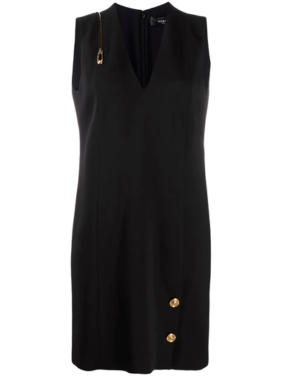 Versace Stretch Viscose Mini Dress With Pin And Medusa-buttons In Nero Black