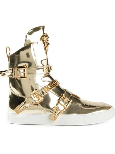 Versace Gold High-top Studded Strap Medusa Sneakers | ModeSens
