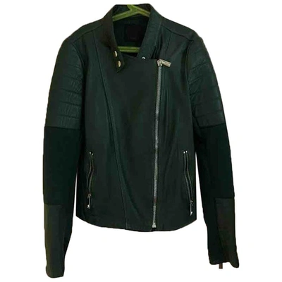 Pre-owned Pinko Leather Biker Jacket In Green