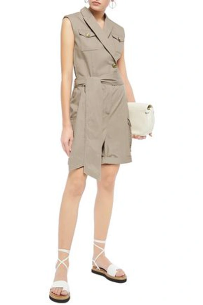 Brunello Cucinelli Belted Wrap-effect Bead-embellished Cotton Playsuit In Beige