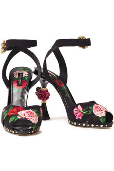 Dolce & Gabbana Embellished Floral-print Crepe Platform Sandals In Black