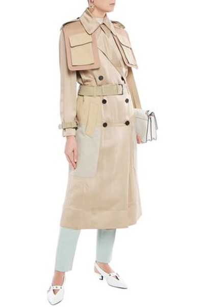 Valentino Paneled Hammered-satin, Gabardine And Shell Trench Coat In Neutral