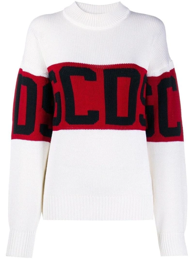 Gcds Women's Jumper Sweater Crew Neck Round Logo In White/red