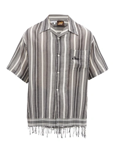 Loewe Paula's Ibiza Fringed Logo-embroidered Striped Cotton Shirt In Gray