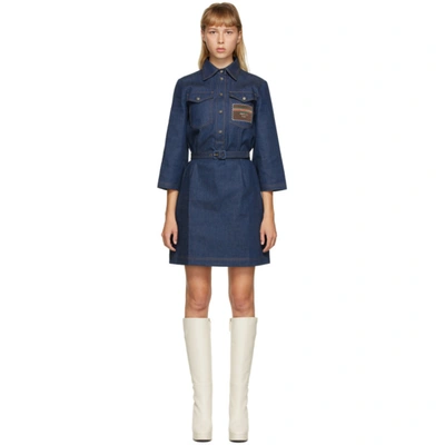 Gucci Logo-patch Belted Denim Dress In Blue