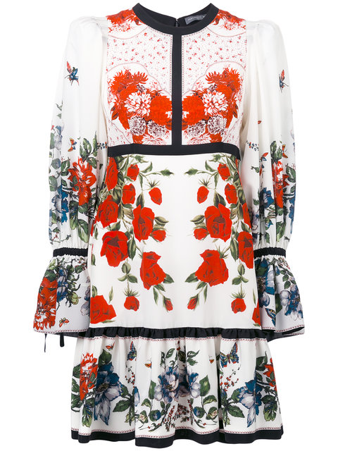 Alexander Mcqueen Floral Tablecloth Empire Line Dress In Floral,Red ...