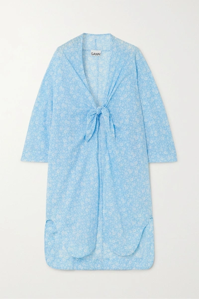 Ganni Floral-print Cotton-voile Kaftan In Light Blue