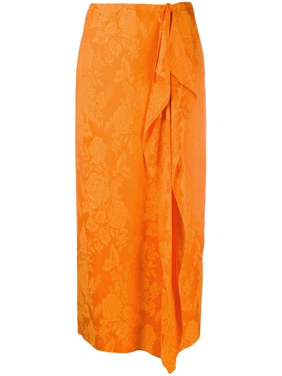 Attico Tie-detailed Draped Satin-jacquard Midi Skirt In Orange