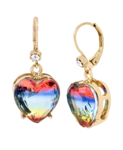 Betsey Johnson Rainbow Heart Stone Drop Earrings In Gold-tone Metal, 1.25" In Multi
