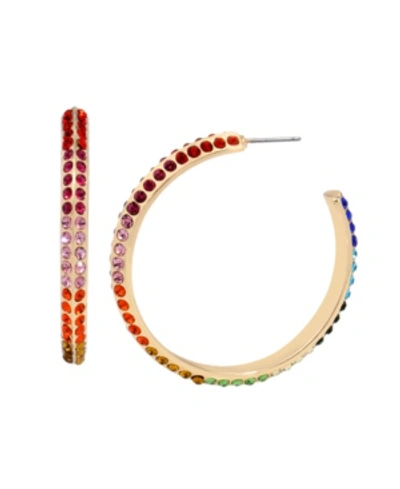 Betsey Johnson Rainbow Stone Hoop Earrings In Gold-tone Metal, 1.75" In Multi