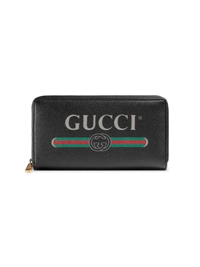 Gucci Print Leather Zip Around Wallet In Black