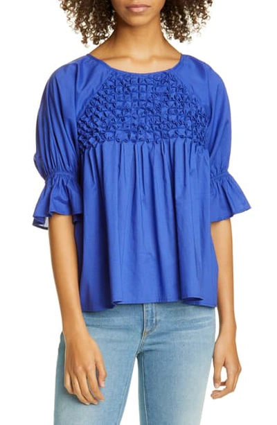 Merlette Mai Tai Smocked Puff Sleeve Blouse In Lapis