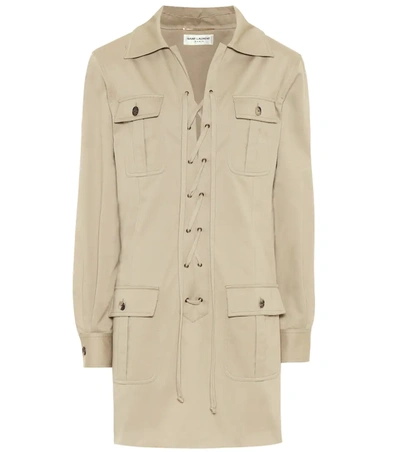 Saint Laurent Lace-up Cotton-twill Mini Dress In Beige