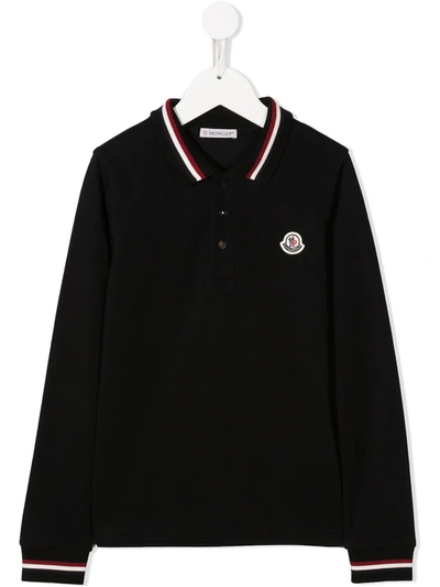 Moncler Kids' Embroidered Logo Long-sleeve Polo In Blue