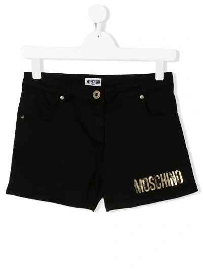 Moschino Teen Leopard Logo Print Shorts In Black