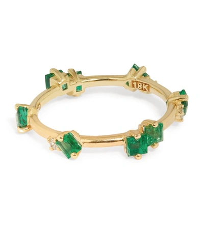 Suzanne Kalan Yellow Gold, Emerald And Diamond Barbwire Ring Size 7