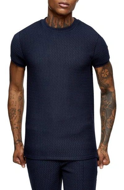 Topman Slim T-shirt In Navy Herringbone Check In Navy Blue