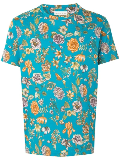 Etro Floral Print Cotton T-shirt In Light Blue