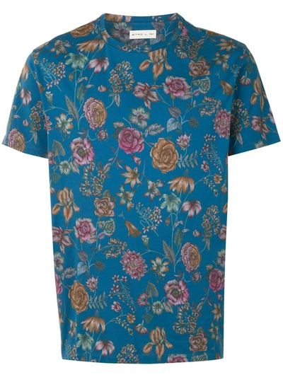 Etro Floral Print Cotton T-shirt In Electric Blue
