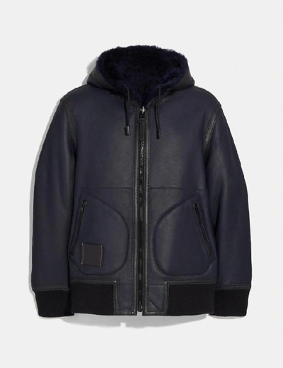 Coach Reversible Shearling Hoodie In Blue - Size 48 In Navy