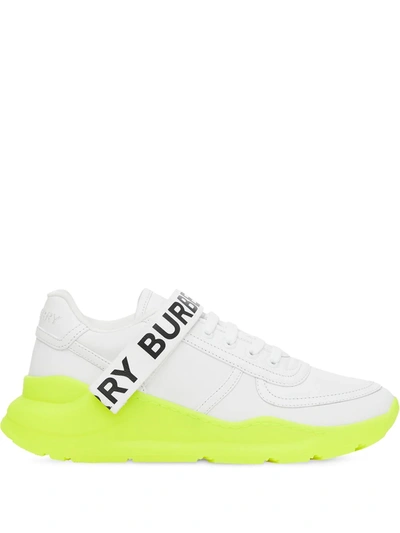 Burberry 'ronnie' Logo Strap Fluorescent Sole Leather Sneakers In White