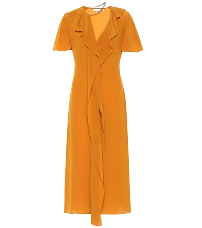 Victoria Beckham Chain Ruffle Detail Short Sleeve Silk Midi Dress In Orange