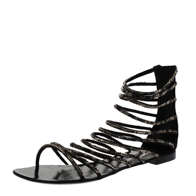 Pre-owned Giuseppe Zanotti For Balmain Black Satin Chain Embellished Strappy Flats Size 37.5