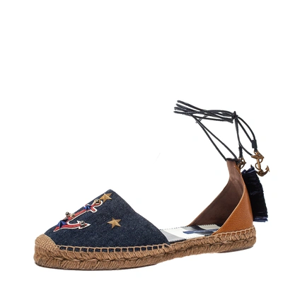Pre-owned Dolce & Gabbana Two Tone Denim And Leather Raffia Embellished Espadrilles Ankle Wrap Flat Sandals Size 40 In Blue