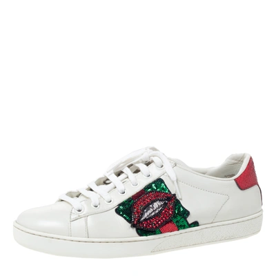 Pre-owned Gucci White Leather Sequins And Crystal Lips Ace Low Top Sneakers Size 39