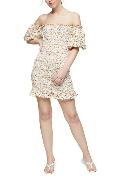 Topshop Shirred Bardot Mini Dress In Ivory Floral-neutral ModeSens