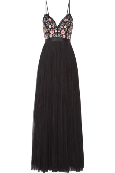 Needle & Thread Whisper Open-back Embellished Chiffon And Tulle Gown In Black