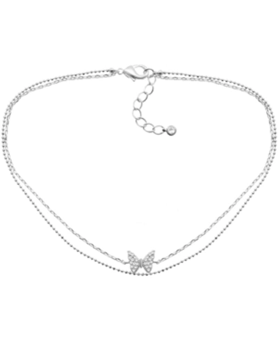 Essentials Cubic Zirconia Butterfly Double Strand Ankle Bracelet In Silver-plate