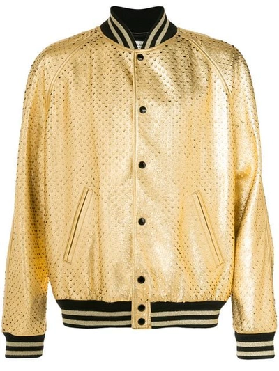 Saint Laurent Gold And Black Leather Perforated Teddy Baseball Jacket In Metallic-gold