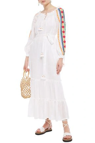 Tory Burch Gathered Embroidered Linen-gauze Maxi Dress In White