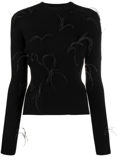 Marques' Almeida Feather-embellished Ribbed-knit Sweater In Black