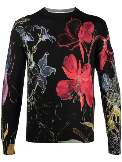 Alexander Mcqueen Men's Long-sleeve Floral Print Silk Crewneck In Black/multicolor