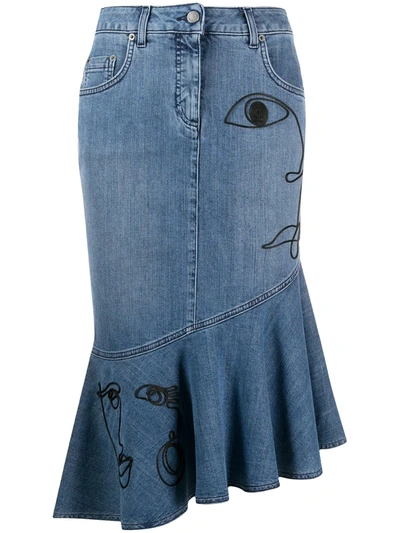 Moschino Cornley Embroidered Denim Skirt In Blue