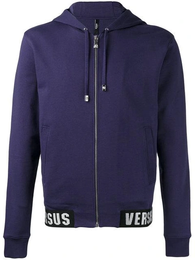 Versus Logo Embroidered Zipped Hoodie In Blue